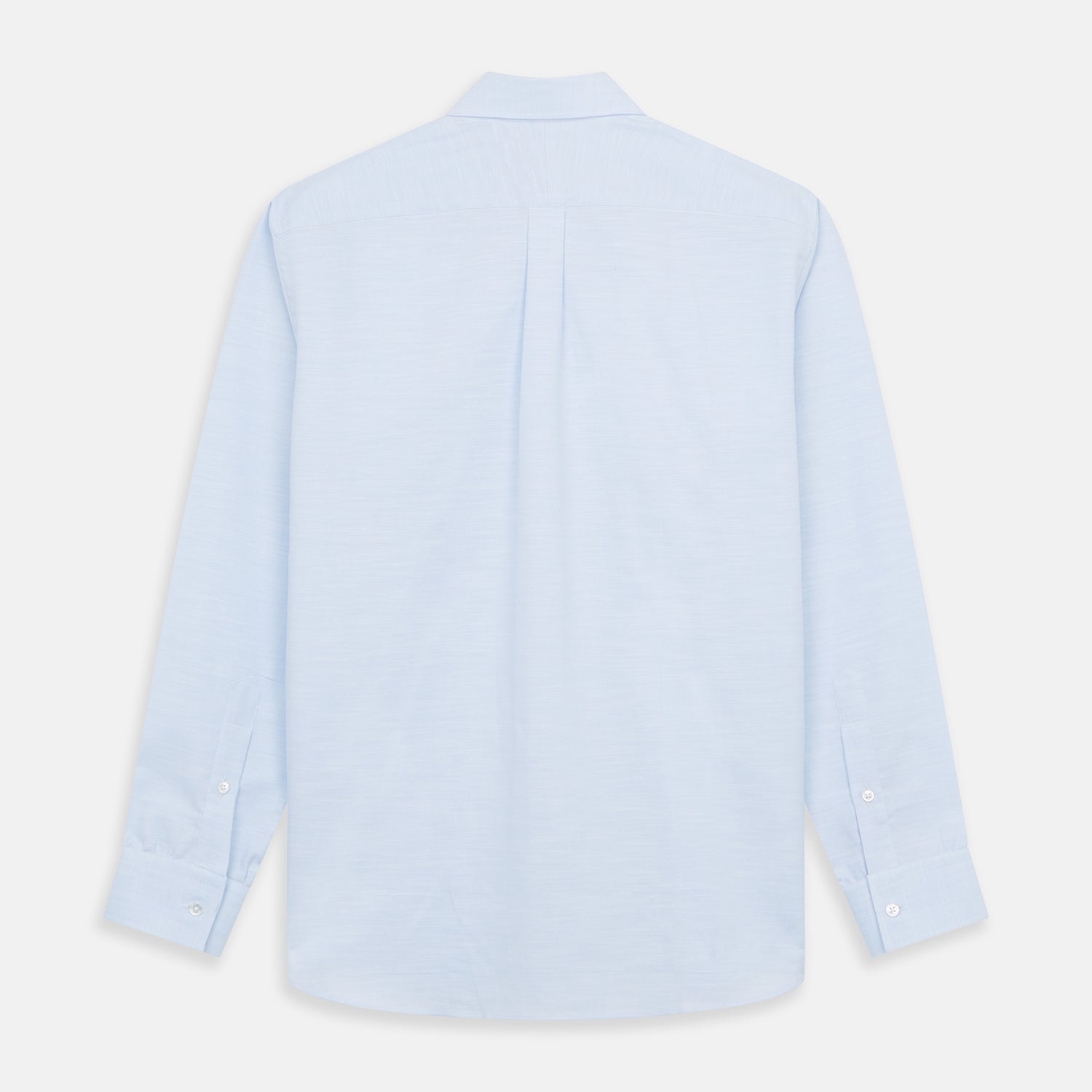 View 5 of product The Turnbull & Asser Plain Blue Weekend Fit Chambray Finch Shirt features a Derby collar, long sleeves, and a front chest pocket—shown laid flat on white—ideal for casual weekend wear.