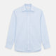 The Turnbull & Asser Plain Blue Weekend Fit Chambray Finch Shirt features a Derby collar, long sleeves, and a front chest pocket—shown laid flat on white—ideal for casual weekend wear.