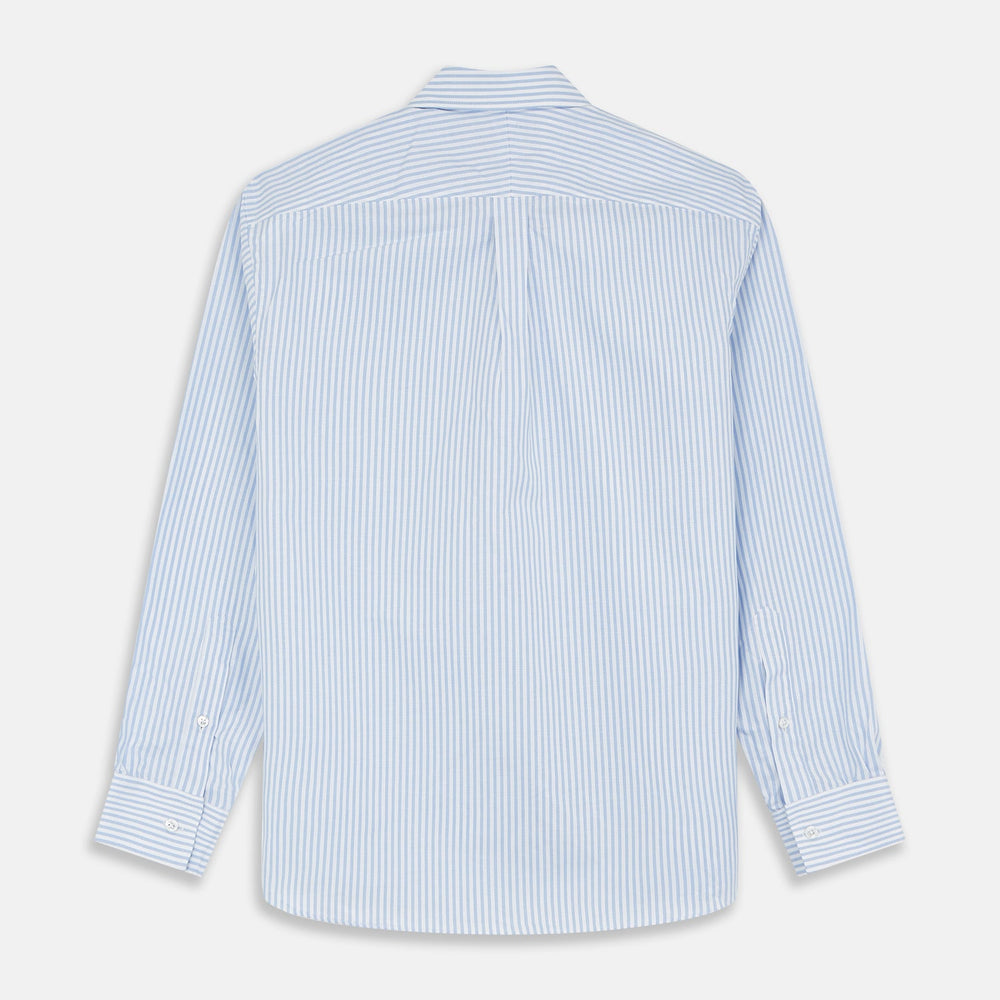 The Turnbull & Asser Pale Blue Stripe Weekend Fit Hayne Shirt features a Dorset collar, 1-button cuffs, and is displayed flat on a white background—ideal for those seeking our relaxed Weekend Fit style.