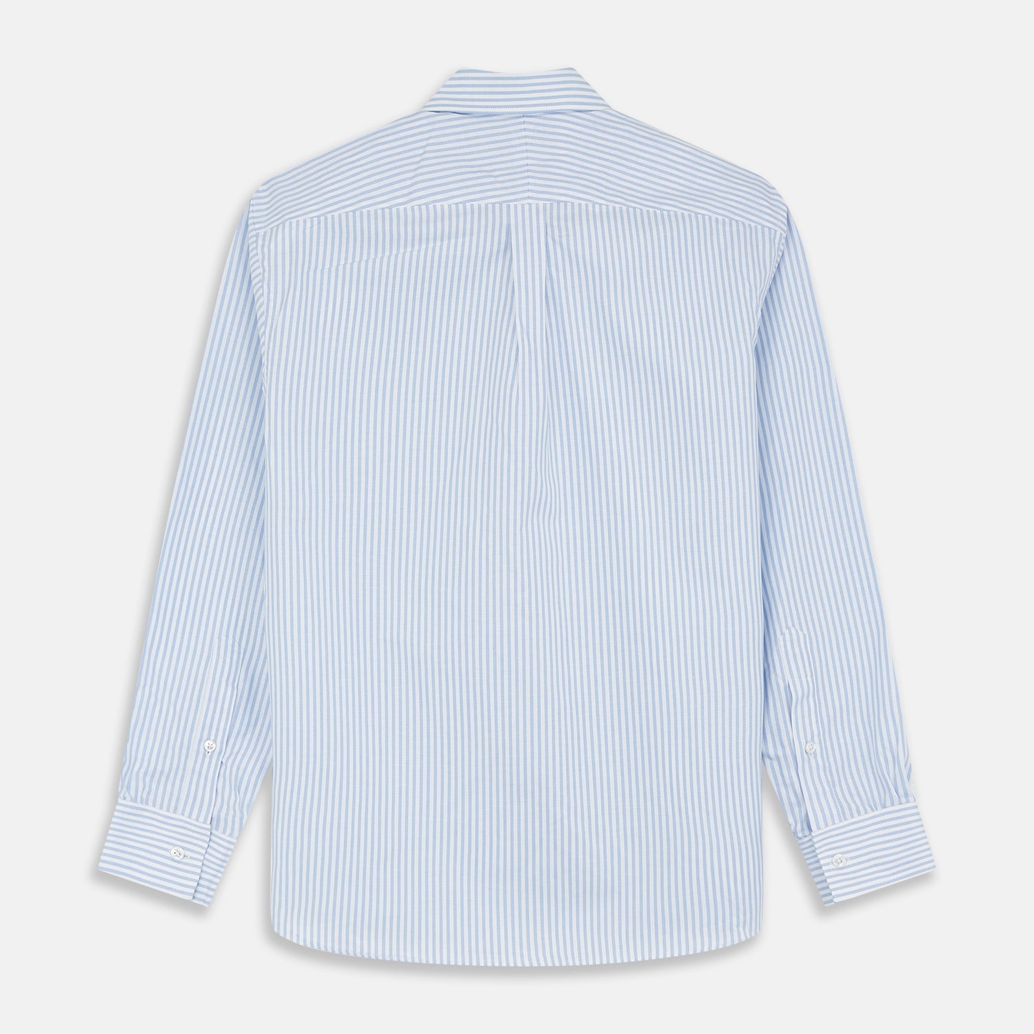 View 5 of product The Turnbull & Asser Pale Blue Stripe Weekend Fit Hayne Shirt features a Dorset collar, 1-button cuffs, and is displayed flat on a white background—ideal for those seeking our relaxed Weekend Fit style.