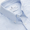 View 2 of product The Turnbull & Asser Pale Blue Stripe Weekend Fit Hayne Shirt features a Dorset collar, 1-button cuffs, and is displayed flat on a white background—ideal for those seeking our relaxed Weekend Fit style.