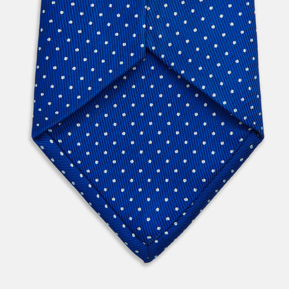Long Blue and White Small Spot Printed Silk Tie Image 3