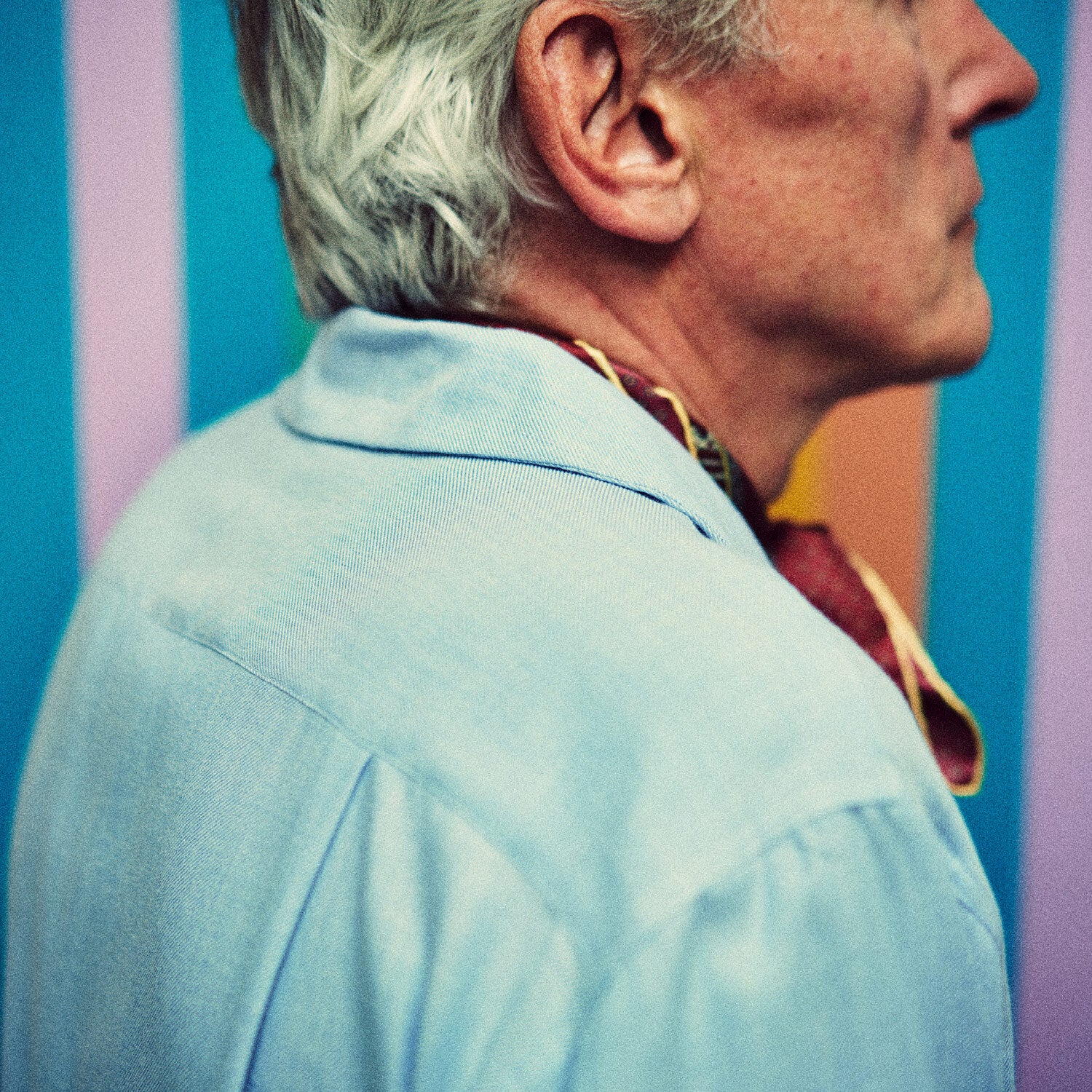 View 3 of product The Turnbull & Asser Holiday Fit Blue Cotton and Cashmere Blend Shirt features long sleeves, a classic collar, single chest pocket, and 1-button cuffs with white buttons, shown laid flat on a white background.