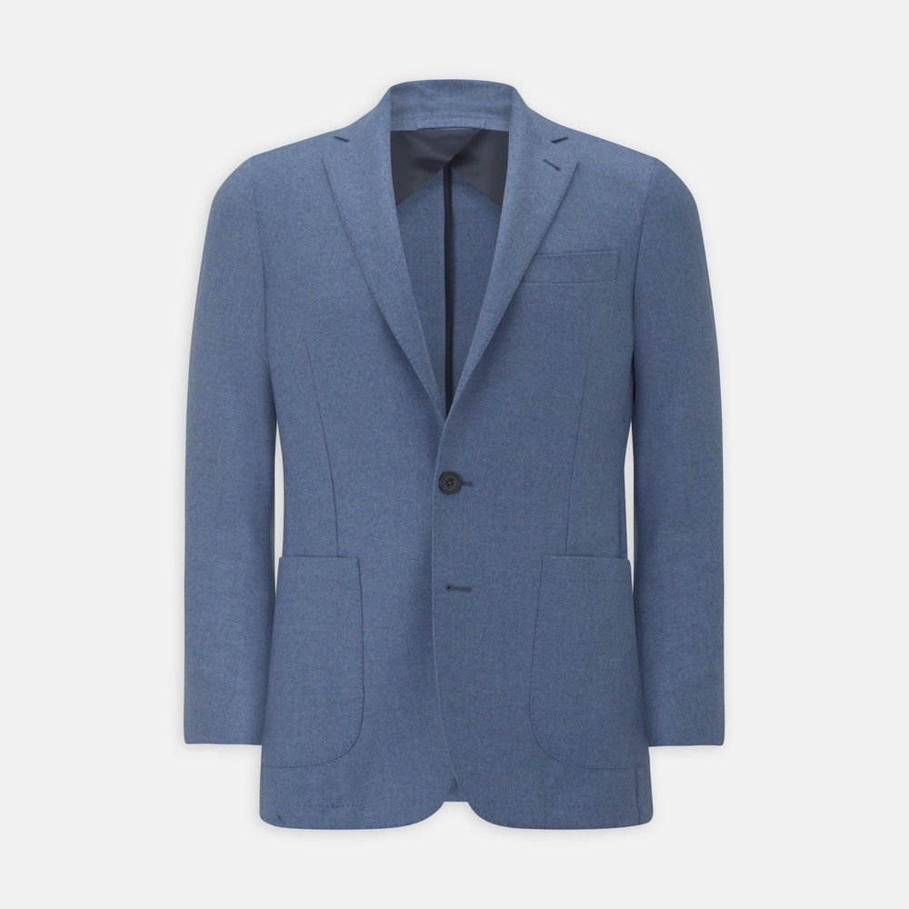 The Sky Blue Wool and Cashmere Jacket by Turnbull & Asser is single-breasted with two large front pockets, a notched lapel, and a single button closure. It is expertly tailored in Italy and displayed against a plain white background.