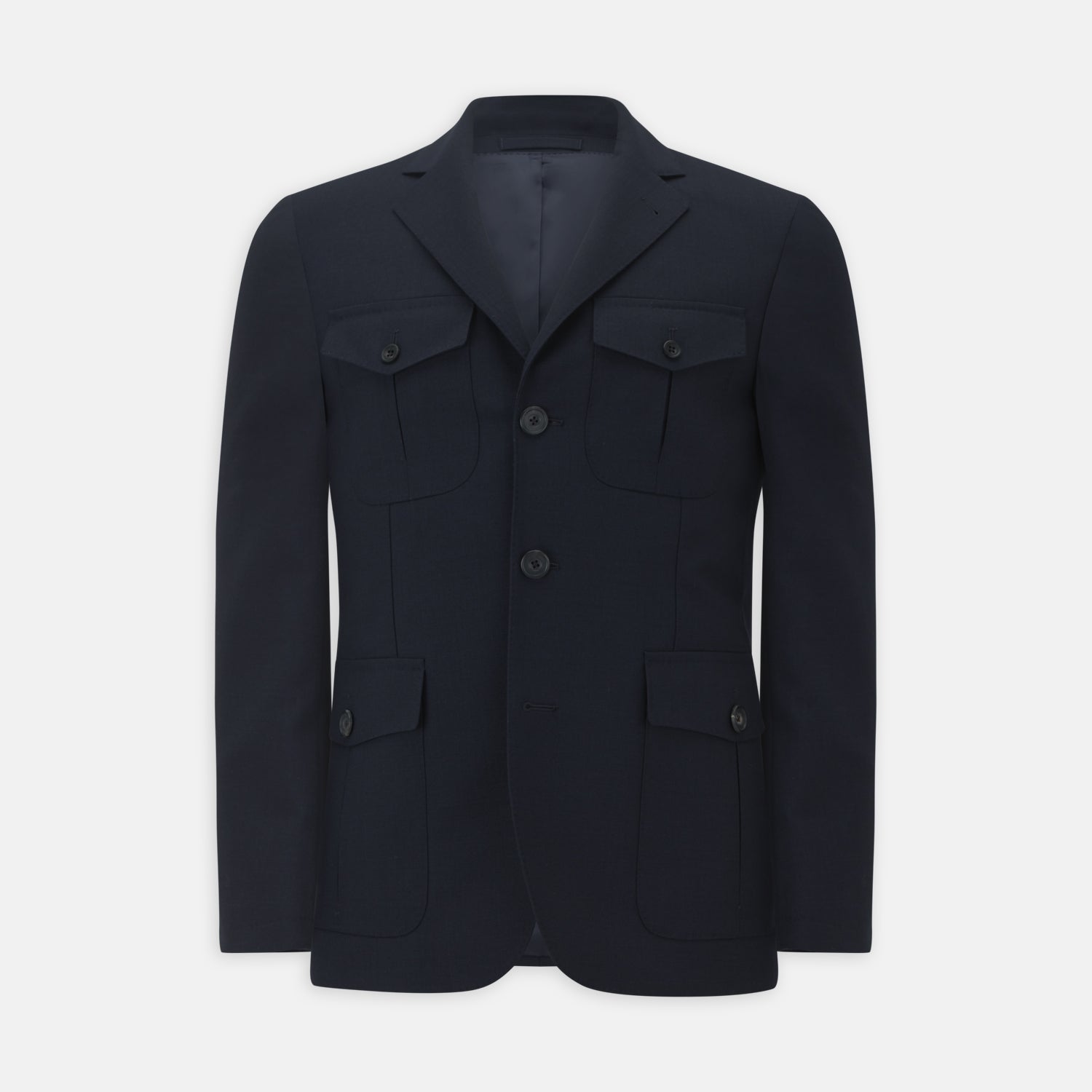 View 1 of product The Turnbull & Asser Navy Lightweight Wool Hopsack Traveller Jacket features a notched lapel, three front buttons, and four flap pockets—two on the chest and two at the waist—all displayed on a plain white background.