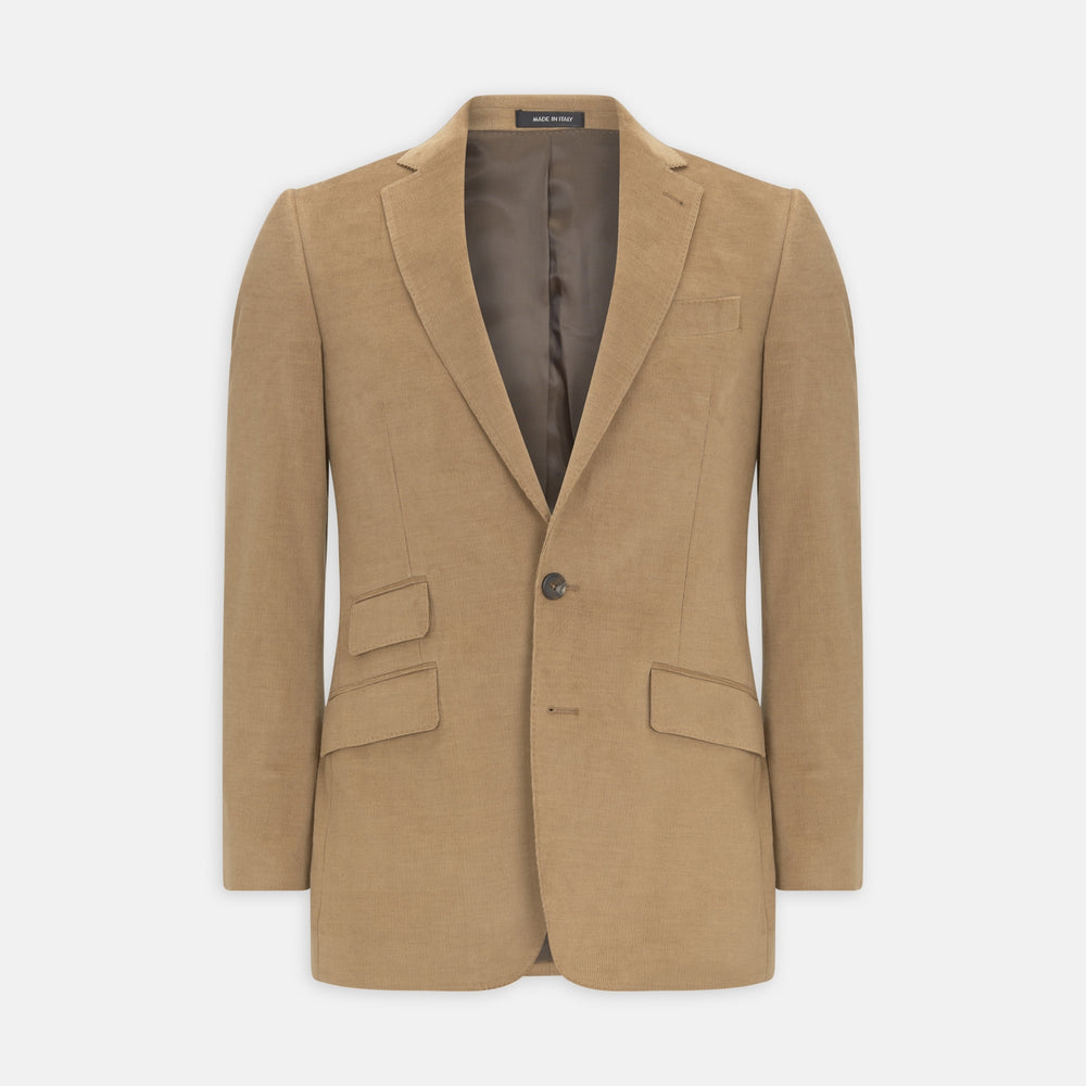 The Turnbull & Asser Camel Cotton Cashmere Corduroy Jacket from the Autumn/Winter collection features notch lapels, a single-breasted button closure, and multiple front pockets. Shown against a plain white background.