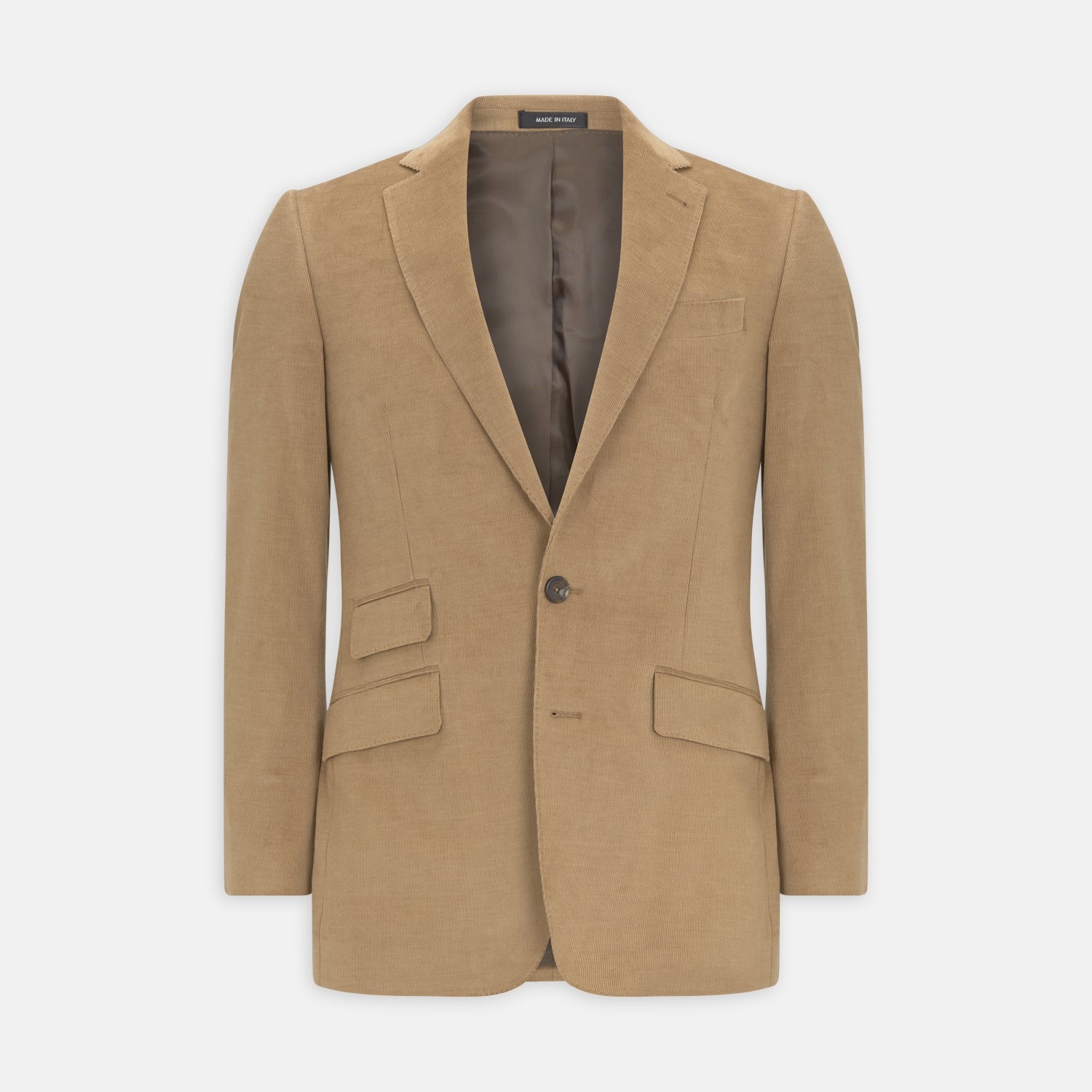 View 1 of product The Turnbull & Asser Camel Cotton Cashmere Corduroy Jacket from the Autumn/Winter collection features notch lapels, a single-breasted button closure, and multiple front pockets. Shown against a plain white background.