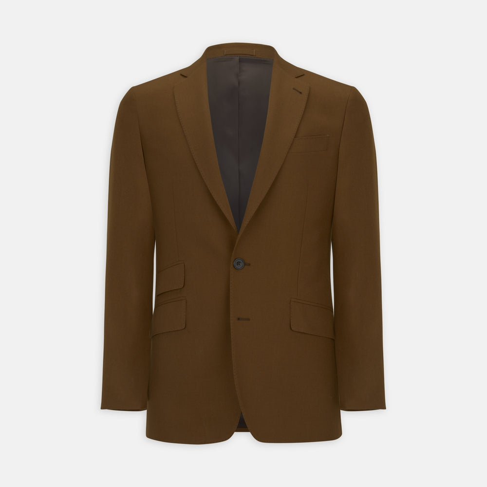 The Turnbull & Asser Tobacco Plainweave Cashmere Jacket is a single-breasted brown summer jacket with two buttons, notch lapels, and flap pockets, tailored in Italy and shown on a plain white background.