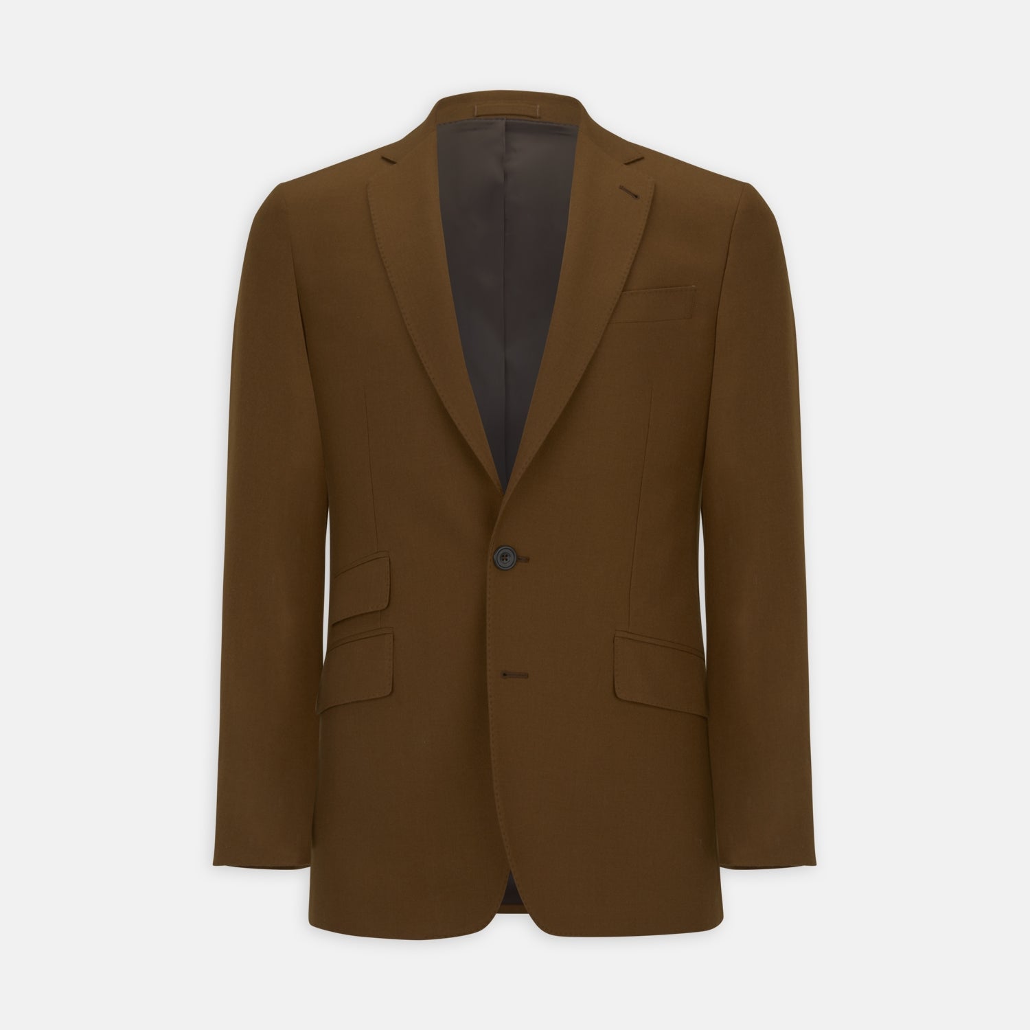View 1 of product The Turnbull & Asser Tobacco Plainweave Cashmere Jacket is a single-breasted brown summer jacket with two buttons, notch lapels, and flap pockets, tailored in Italy and shown on a plain white background.