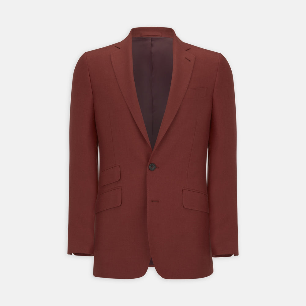 The Turnbull & Asser BLZ065-GGAY02 BARRINGTON blazer in red (WO/SI/LI blend) features a single-breasted design, notch lapels, one-button closure, and three front pockets, shown against a plain white background.