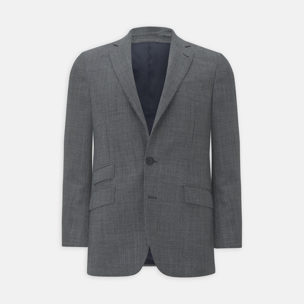The Turnbull & Asser Grey Prince of Wales Check Wool Hopsack Jacket features a notched lapel, two-button closure, two front flap pockets, and a chest pocket, shown on a plain white background.