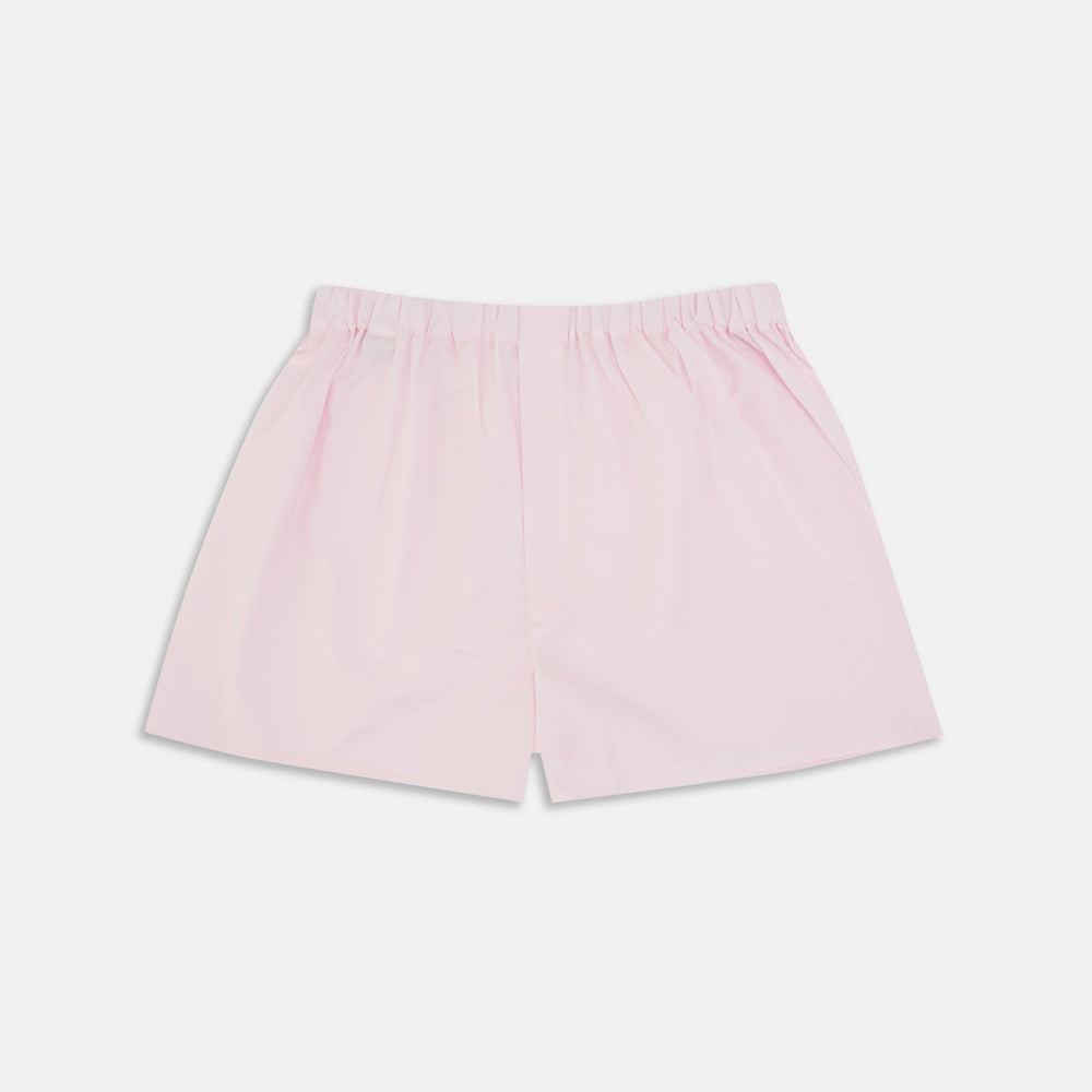 Turnbull & Asser's Plain Pink Cotton Boxer Shorts feature an elastic waistband and are shown flat on a white background—ideal for those seeking classic men's underwear and everyday comfort.