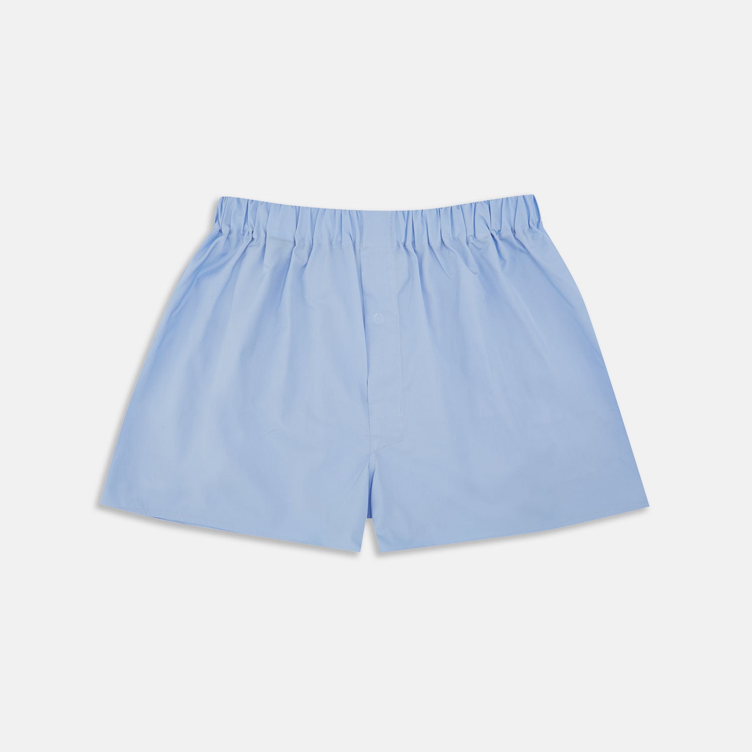 View 1 of product Turnbull & Asser's Plain Blue Cotton Boxer Shorts, shown flat against a white background, feature an elastic waistband—a stylish choice in men's underwear.