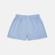 Turnbull & Asser's Plain Blue Cotton Boxer Shorts, shown flat against a white background, feature an elastic waistband—a stylish choice in men's underwear.
