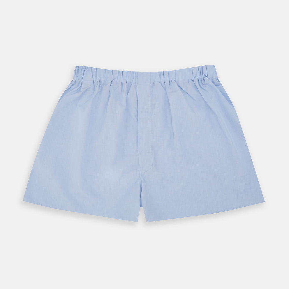 Turnbull & Asser Light Blue End-On-End Cotton Boxer Shorts feature an elastic waistband for everyday comfort and style, shown here laid flat on a white background.