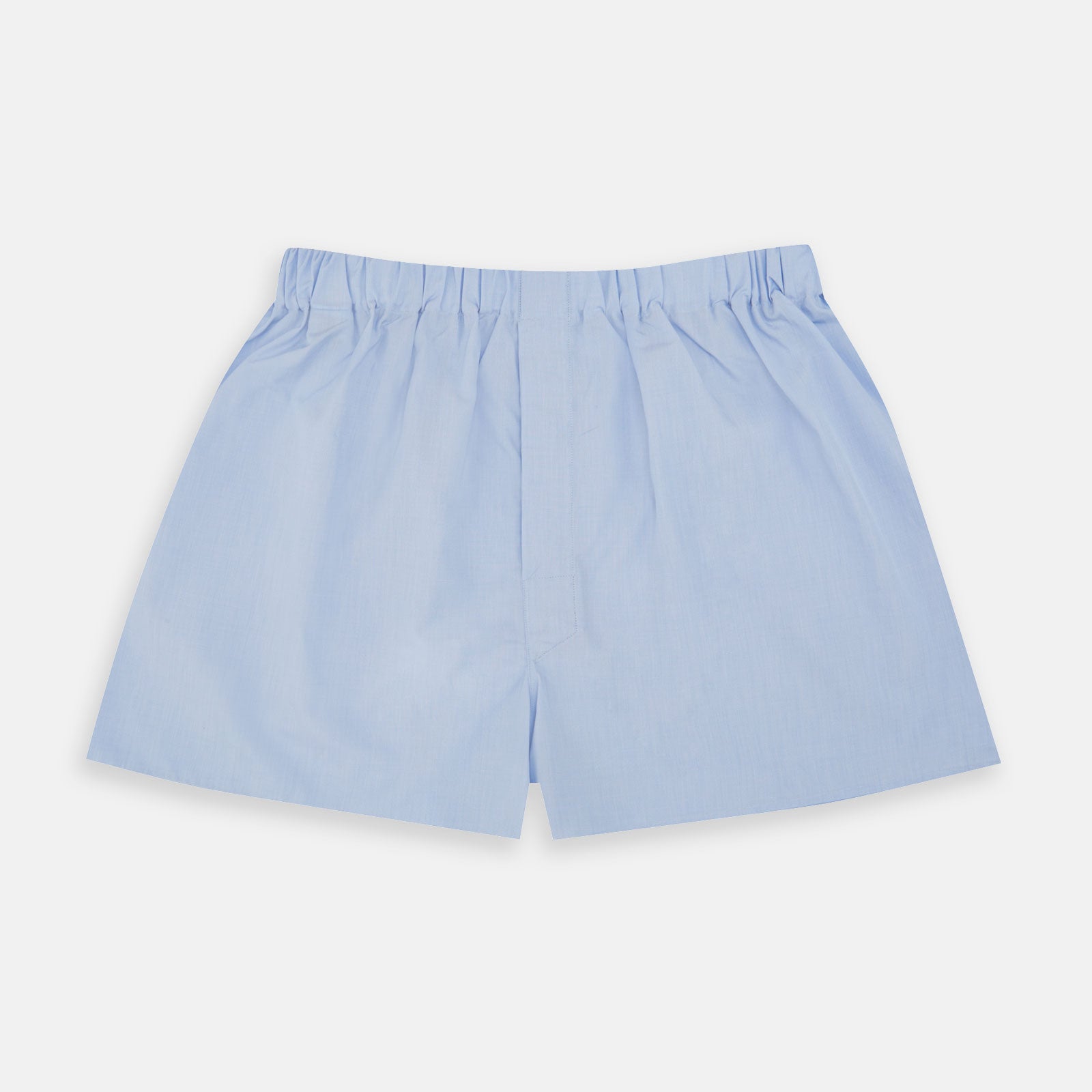 View 1 of product Turnbull & Asser Light Blue End-On-End Cotton Boxer Shorts feature an elastic waistband for everyday comfort and style, shown here laid flat on a white background.