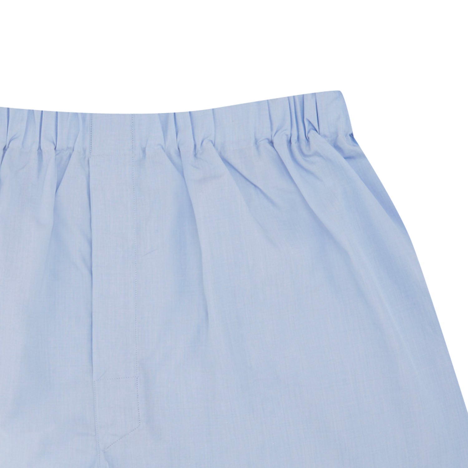 View 2 of product Turnbull & Asser Light Blue End-On-End Cotton Boxer Shorts feature an elastic waistband for everyday comfort and style, shown here laid flat on a white background.