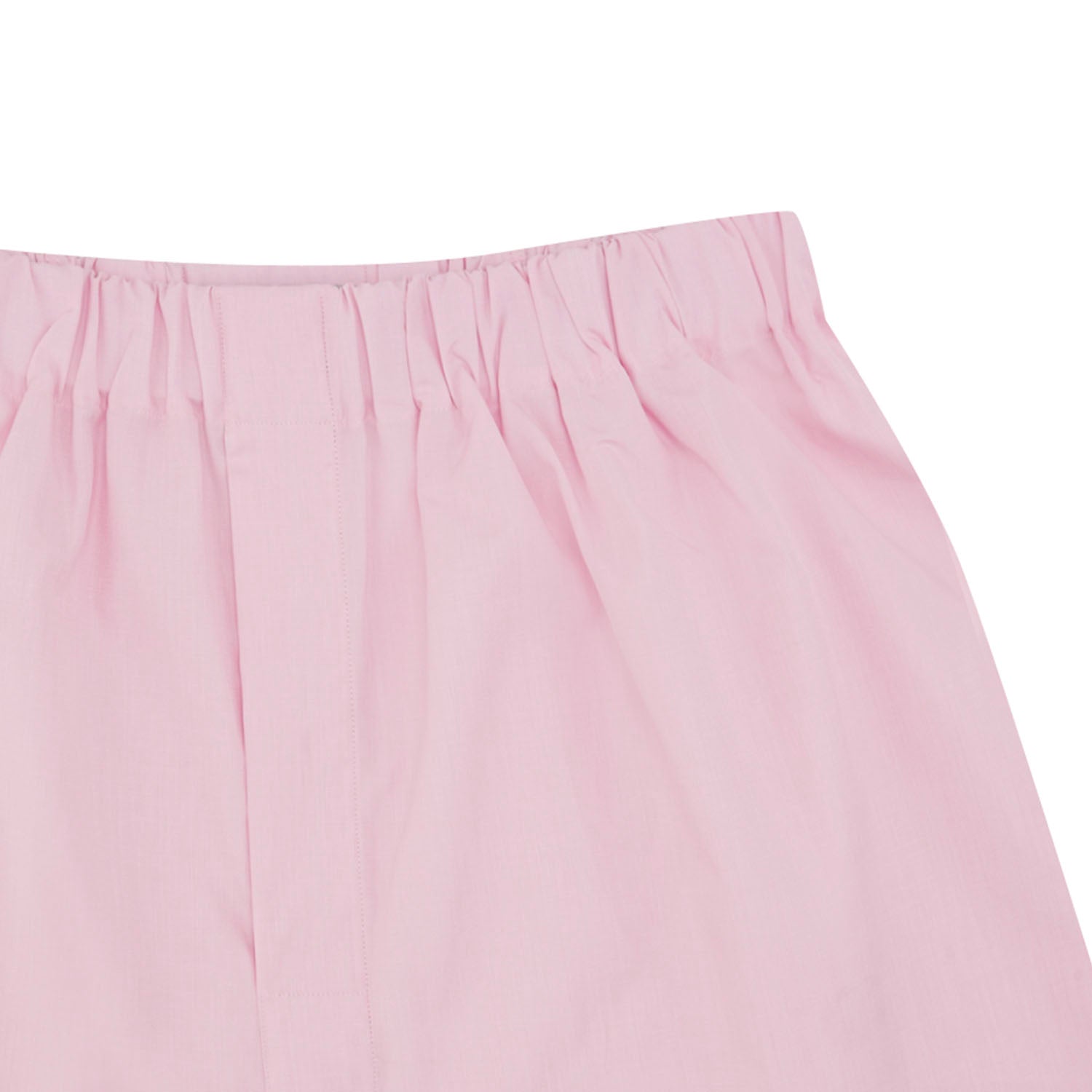 View 2 of product The Turnbull & Asser Pink End-On-End Cotton Boxer Shorts feature a light pink hue, elasticated waistband, and relaxed fit, shown against a plain white background.