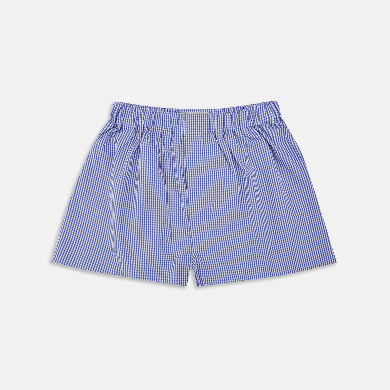 View 1 of product Turnbull & Asser's Mid-Blue Gingham Cotton Boxer Shorts feature an elastic waistband and soft cotton for comfort—luxury men's underwear, shown laid flat on a white background.