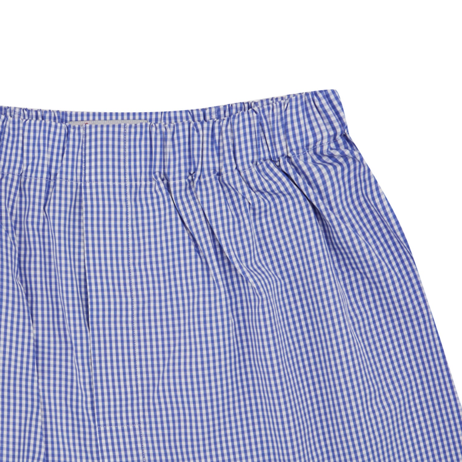View 2 of product Turnbull & Asser's Mid-Blue Gingham Cotton Boxer Shorts feature an elastic waistband and soft cotton for comfort—luxury men's underwear, shown laid flat on a white background.