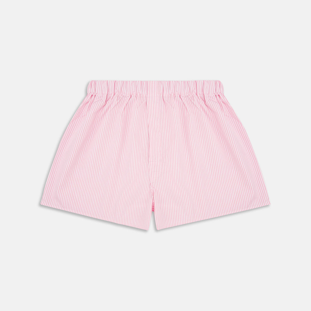 Turnbull & Asser Pink Bengal Stripe Cotton Boxer Shorts, featuring an elasticated waistband, displayed on a plain white background.