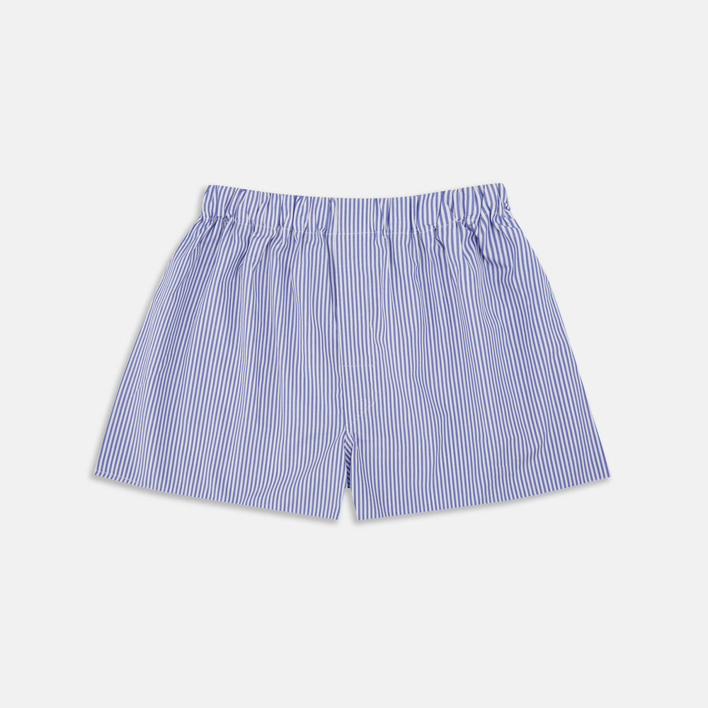Turnbull & Asser Blue Bengal Stripe Cotton Boxer Shorts, featuring white vertical stripes and an elastic waistband, shown flat on a white background.