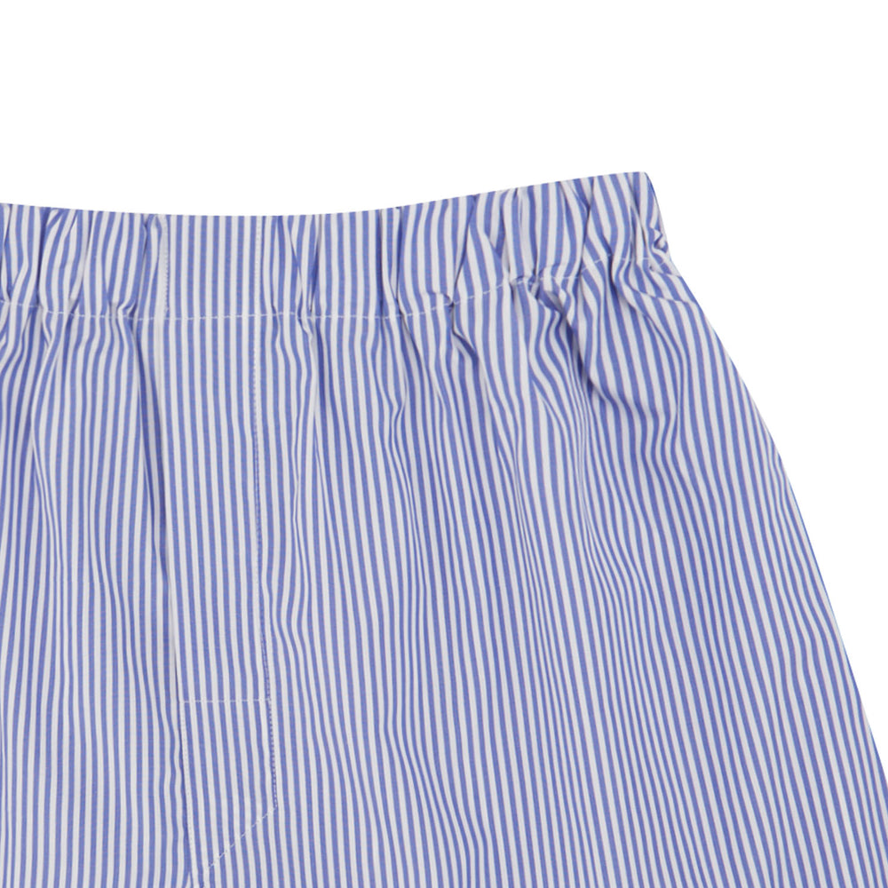 Turnbull & Asser Blue Bengal Stripe Cotton Boxer Shorts, featuring white vertical stripes and an elastic waistband, shown flat on a white background.