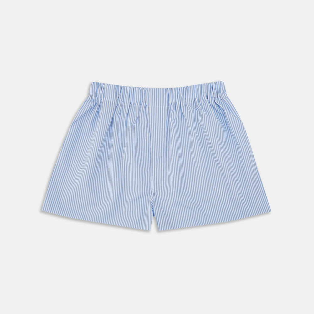 Turnbull & Asser Light Blue Bengal Stripe Cotton Boxer Shorts with an elastic waistband, shown against a plain white background.