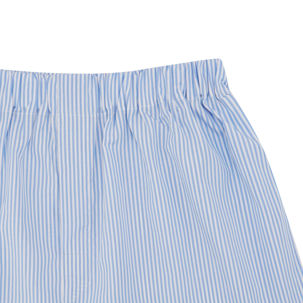 Turnbull & Asser Light Blue Bengal Stripe Cotton Boxer Shorts with an elastic waistband, shown against a plain white background.
