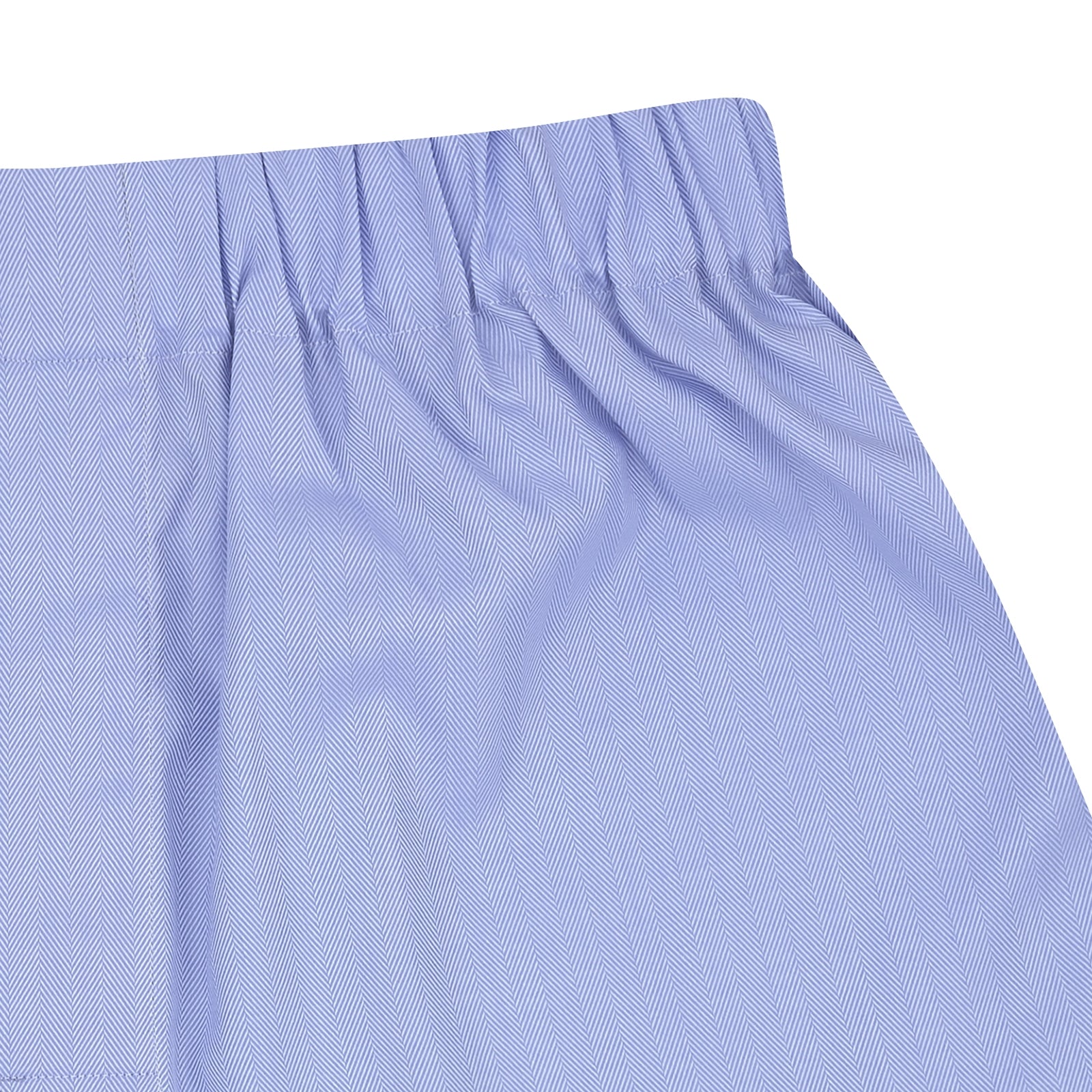 View 2 of product Turnbull & Asser Blue Herringbone Sea Island Quality Cotton Boxer Shorts feature an elastic waistband and are displayed flat on a plain white background.