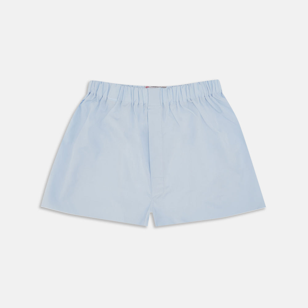 Turnbull & Asser Light Blue Sea Island Quality Cotton Boxer Shorts, crafted from premium cotton with an elastic waistband, displayed flat on a plain white background.