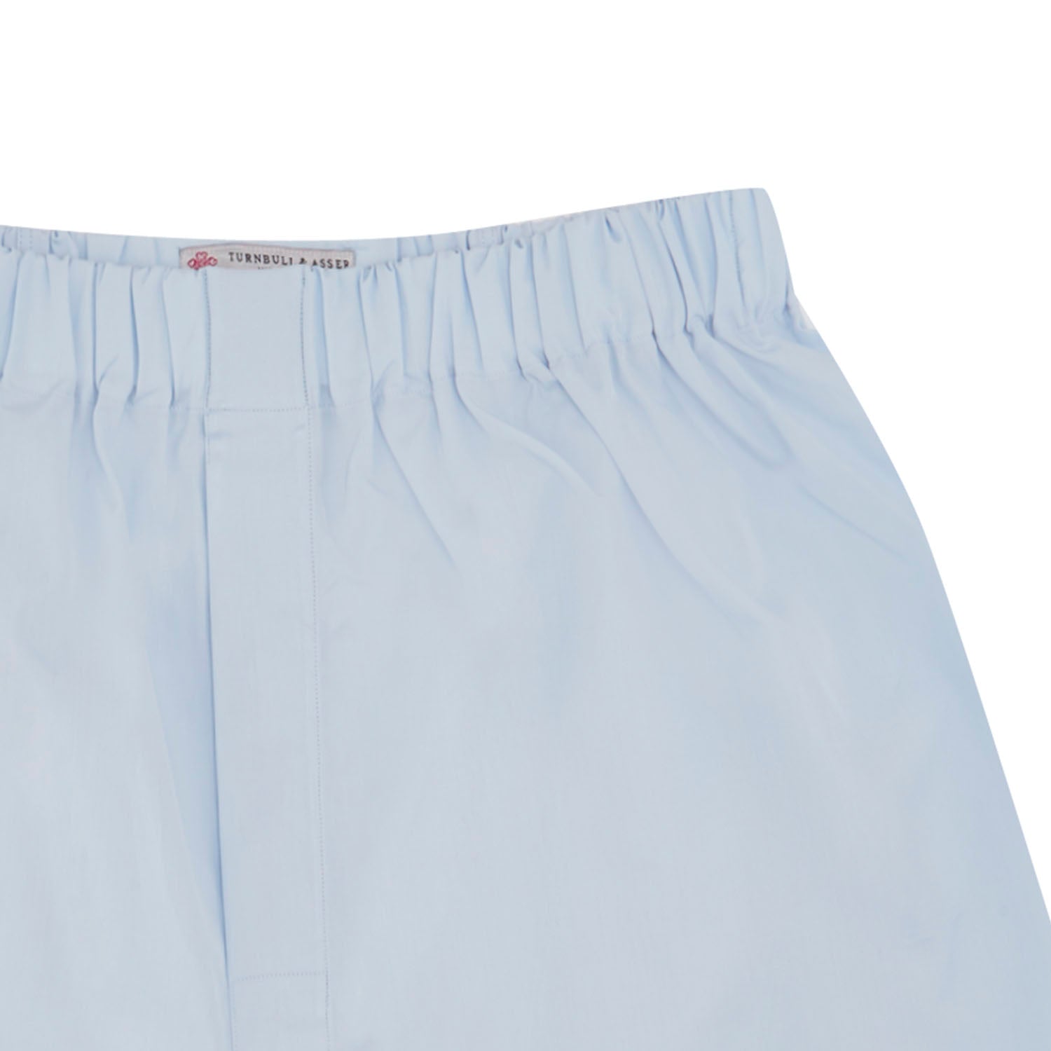 View 2 of product Turnbull & Asser Light Blue Sea Island Quality Cotton Boxer Shorts, crafted from premium cotton with an elastic waistband, displayed flat on a plain white background.