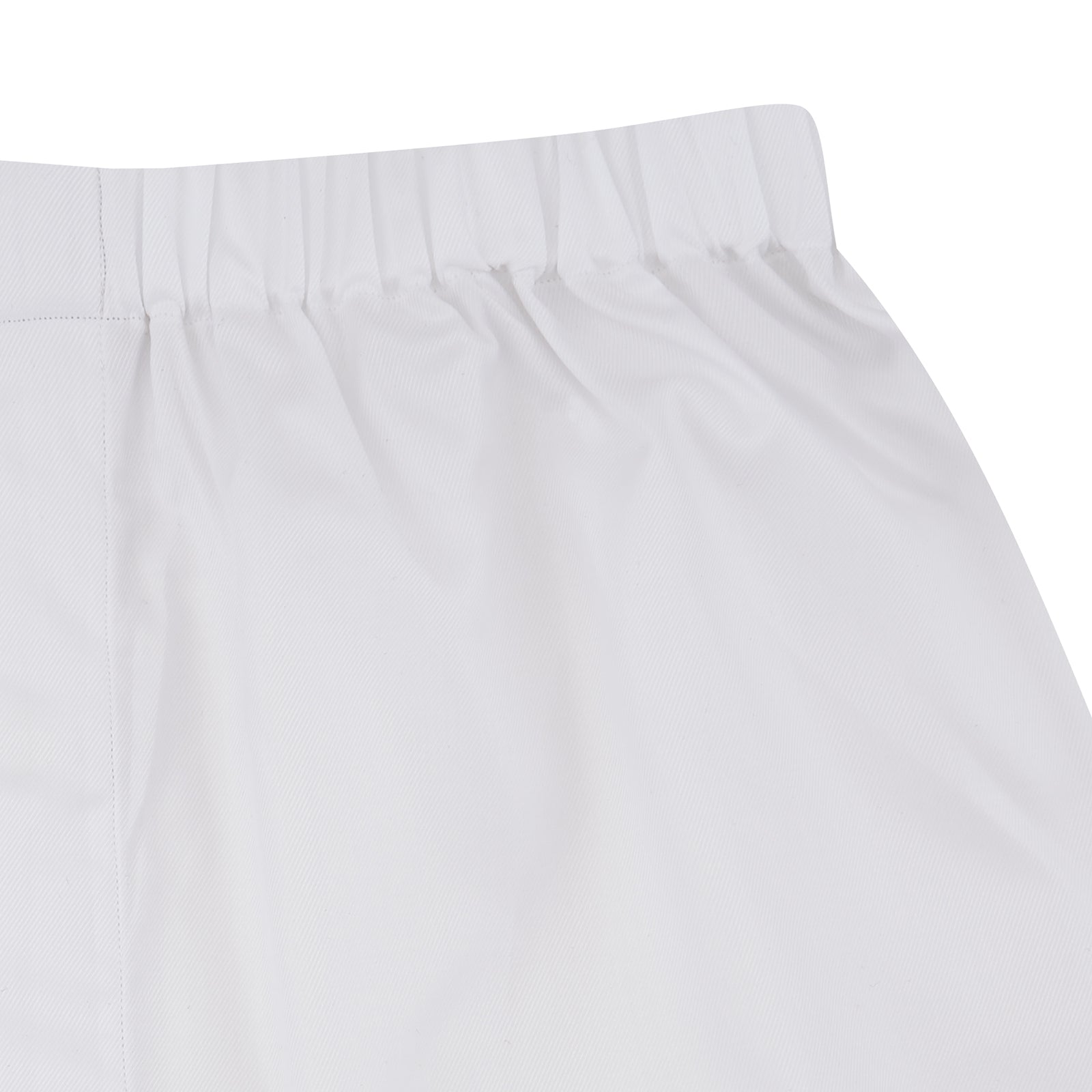 View 2 of product Turnbull & Asser White Sea Island Quality Cotton Twill Boxer Shorts feature an elastic waistband and are photographed laid flat on a light blue background for a luxurious touch.