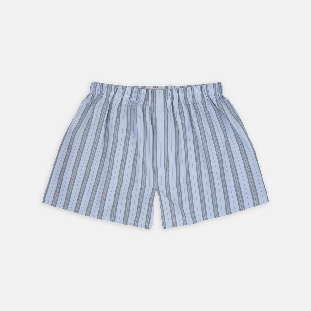 Grey, turquoise, and sky blue mixed stripe cotton boxer shorts by Turnbull & Asser feature an elastic waistband for comfort—a stylish upgrade to men’s underwear collections. Displayed flat on a plain white background.