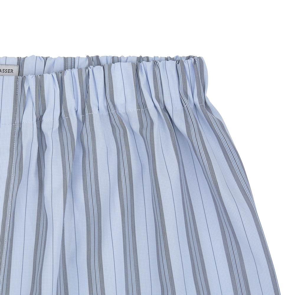 Grey, turquoise, and sky blue mixed stripe cotton boxer shorts by Turnbull & Asser feature an elastic waistband for comfort—a stylish upgrade to men’s underwear collections. Displayed flat on a plain white background.