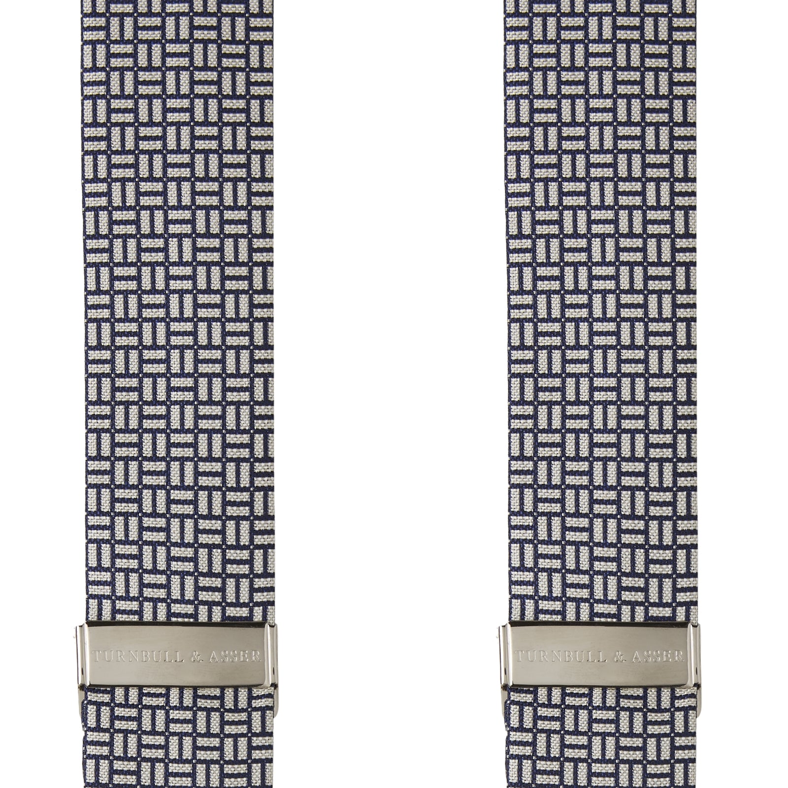 View 2 of product Turnbull & Asser’s Silver and Charcoal Geometric Adjustable Silk Braces feature a black and white geometric pattern, black leather looped ends, and metal hardware, echoing classic refinement against a plain white background.