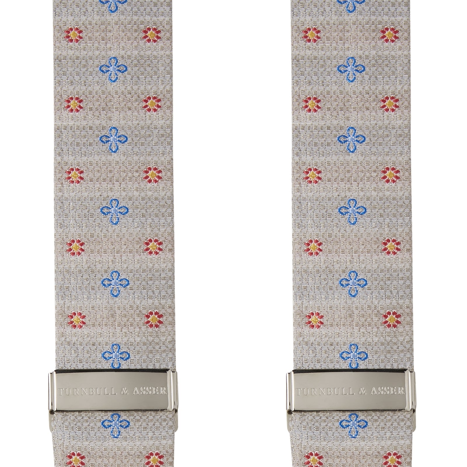 View 2 of product Turnbull & Asser’s Dove Grey Floral Silk and Linen Adjustable Braces feature blue and red flowers, black leather ends, and silver adjusters—an elegant choice to add flair to your summer suit.