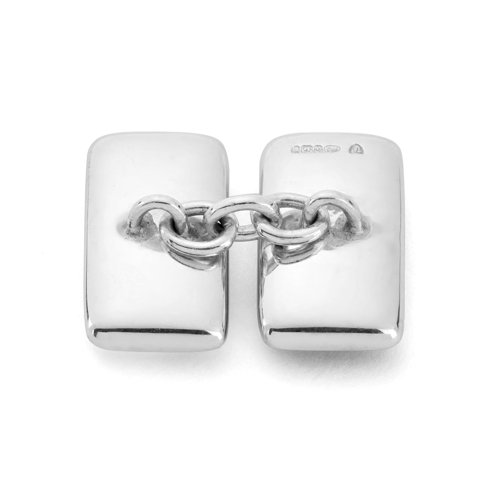 View 2 of product Turnbull & Asser's Reversible Monochrome Sterling Silver Rectangular Cufflinks feature black onyx on one side and white mother-of-pearl on the other, shown against a plain light gray background.