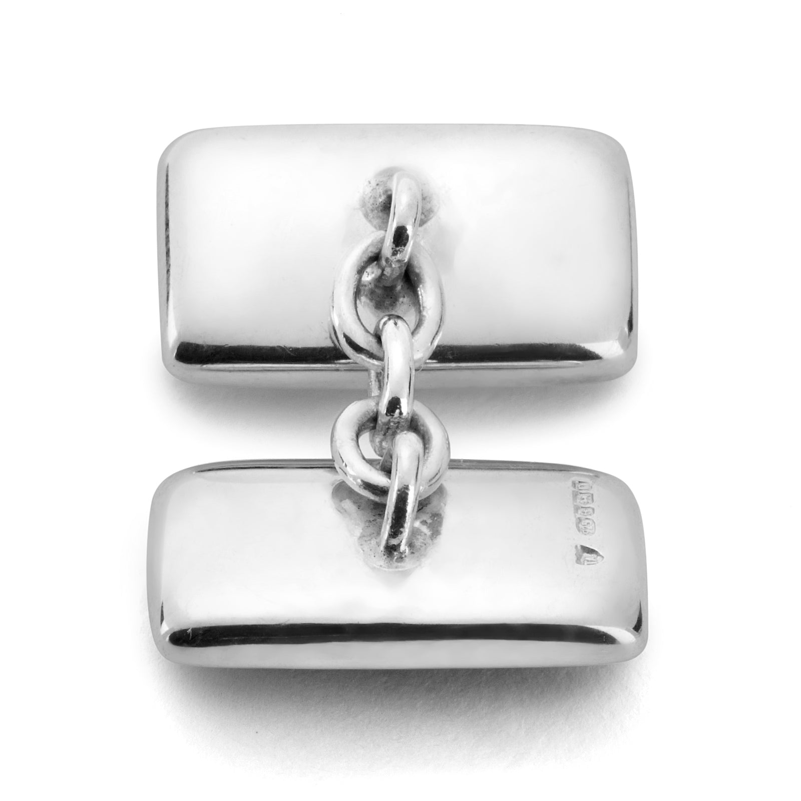 View 3 of product Turnbull & Asser's Reversible Monochrome Sterling Silver Rectangular Cufflinks feature black onyx on one side and white mother-of-pearl on the other, shown against a plain light gray background.