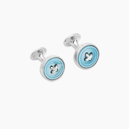 Monogrammed Blue Sterling Silver Mother-of-Pearl Button Cufflinks Image 4