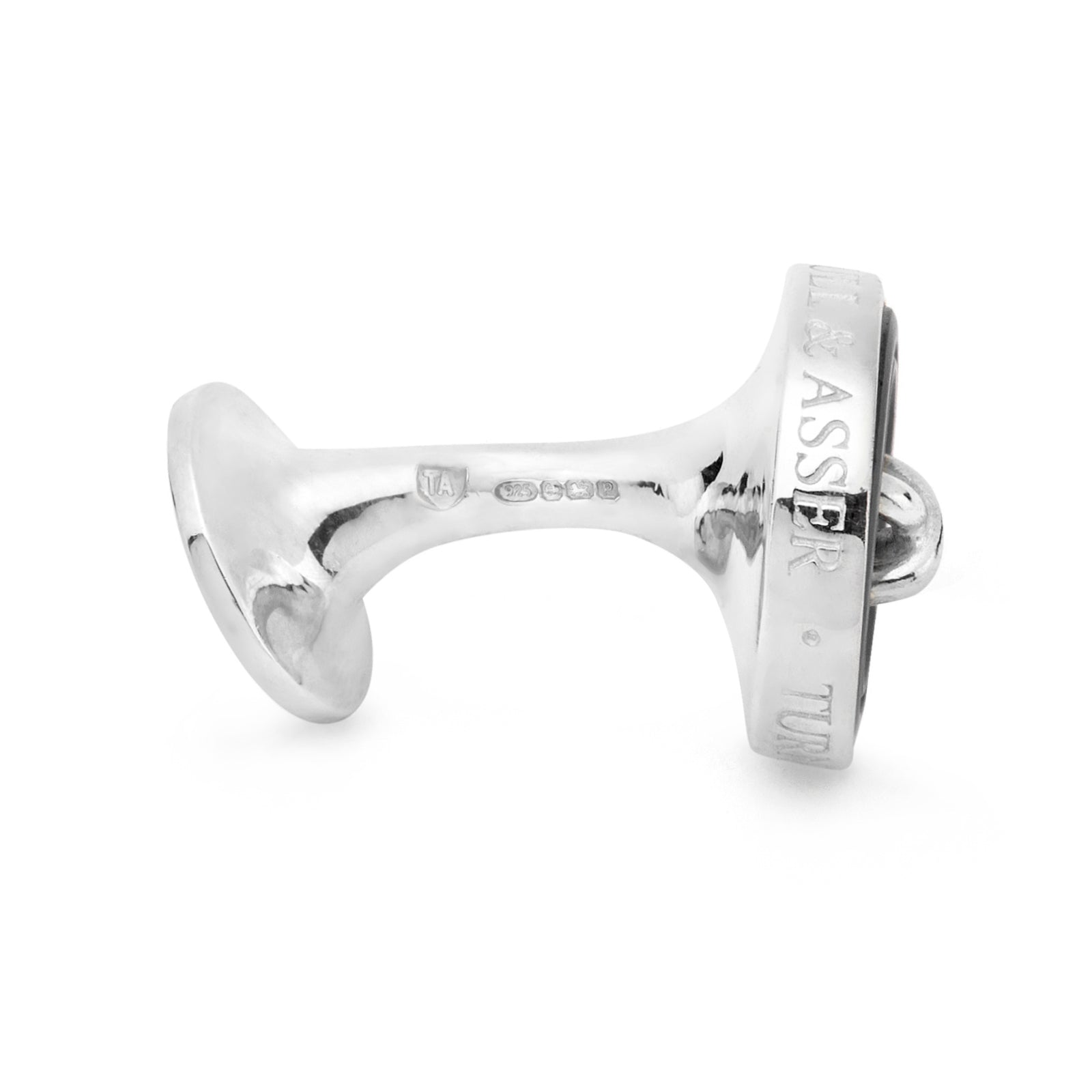 View 4 of product Turnbull & Asser's Smoke Sterling Silver Mother-of-Pearl Button Cufflinks feature a round, button-inspired design with a dark iridescent center and four holes, showcasing British style against a plain white background.