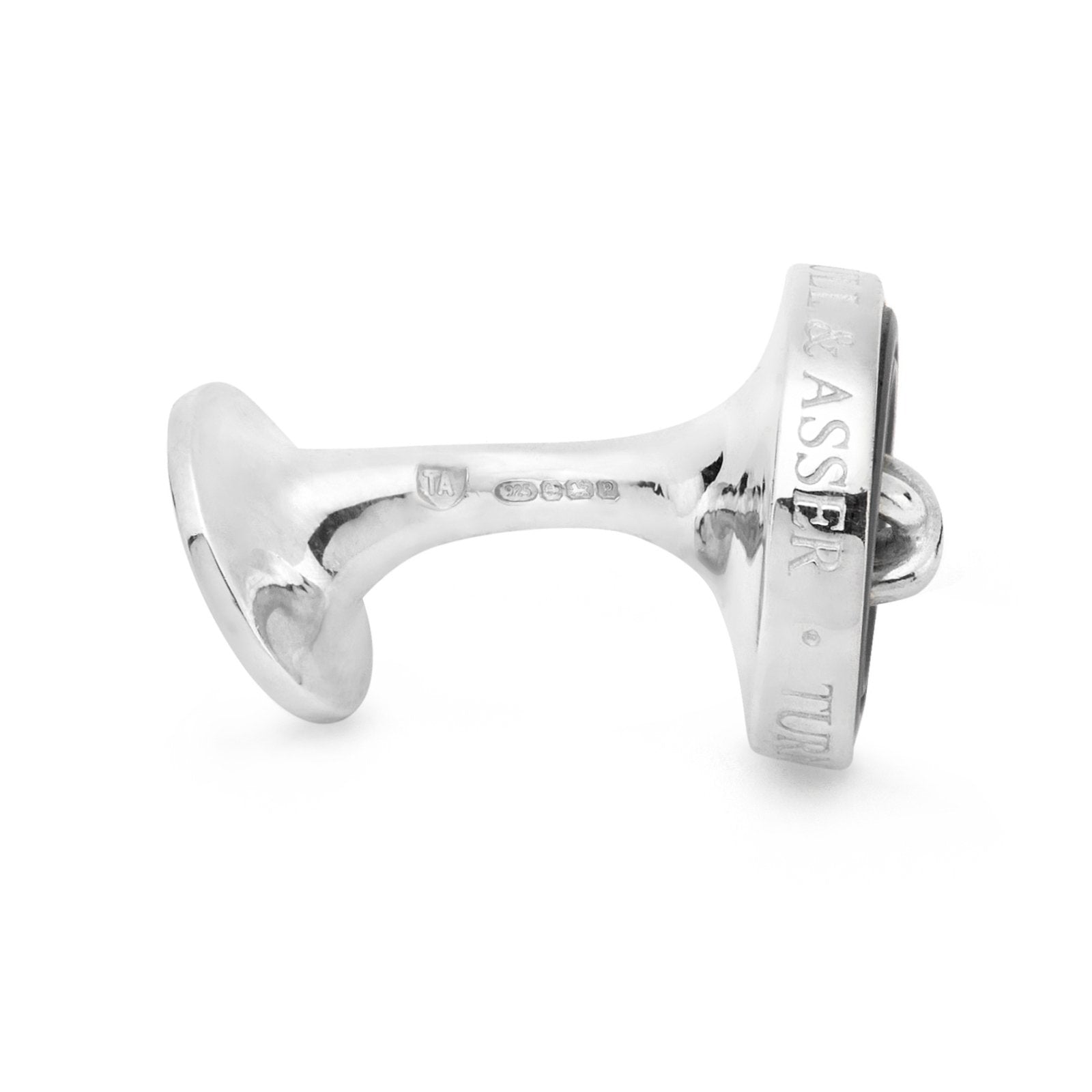 View 3 of product Turnbull & Asser Monogrammed Smoke Sterling Silver Mother-of-Pearl Button Cufflinks feature round, button-shaped design with a black and gray iridescent center and a four-hole pattern.