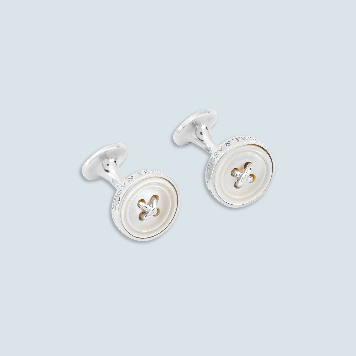 View 1 of product Turnbull & Asser Monogrammed White Sterling Silver Mother-of-Pearl Button Cufflinks shown on a light gray background.
