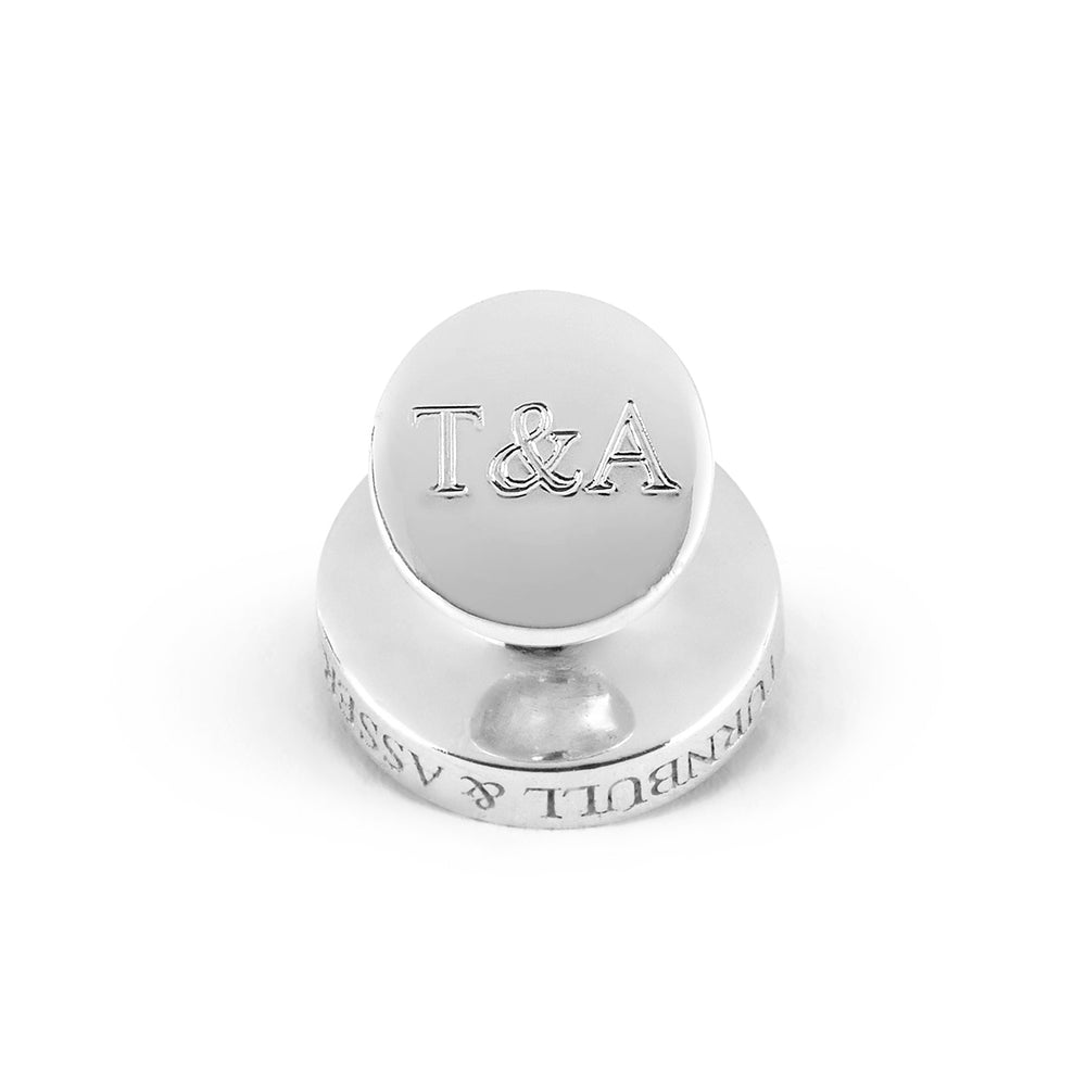 Turnbull & Asser's White Sterling Silver Mother-of-Pearl Button Cufflinks, designed with a four-hole button motif and mother-of-pearl center, are displayed on a light gray background.