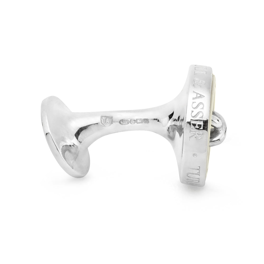 Turnbull & Asser's White Sterling Silver Mother-of-Pearl Button Cufflinks, designed with a four-hole button motif and mother-of-pearl center, are displayed on a light gray background.