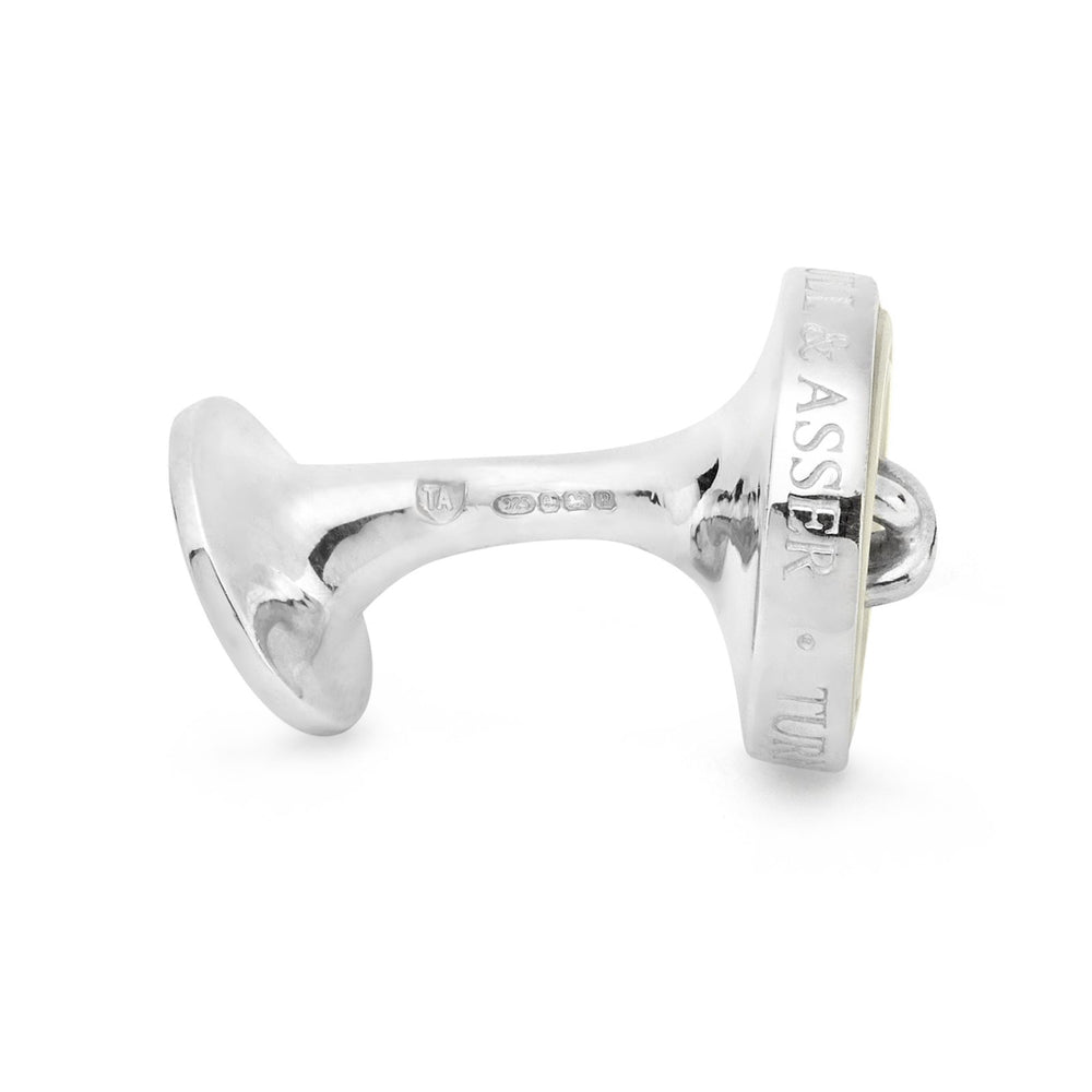 Turnbull & Asser Monogrammed White Sterling Silver Mother-of-Pearl Button Cufflinks shown on a light gray background.