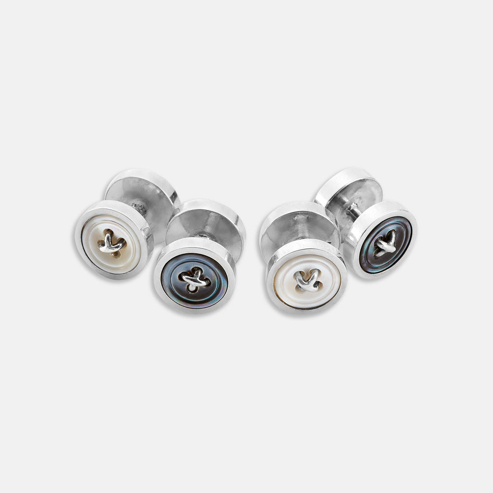 Reversible White and Smoke Mother-of-Pearl Dress Studs by Turnbull & Asser, featuring round faces with light and dark tones—ideal for pairing with onyx cufflinks or silver accessories.