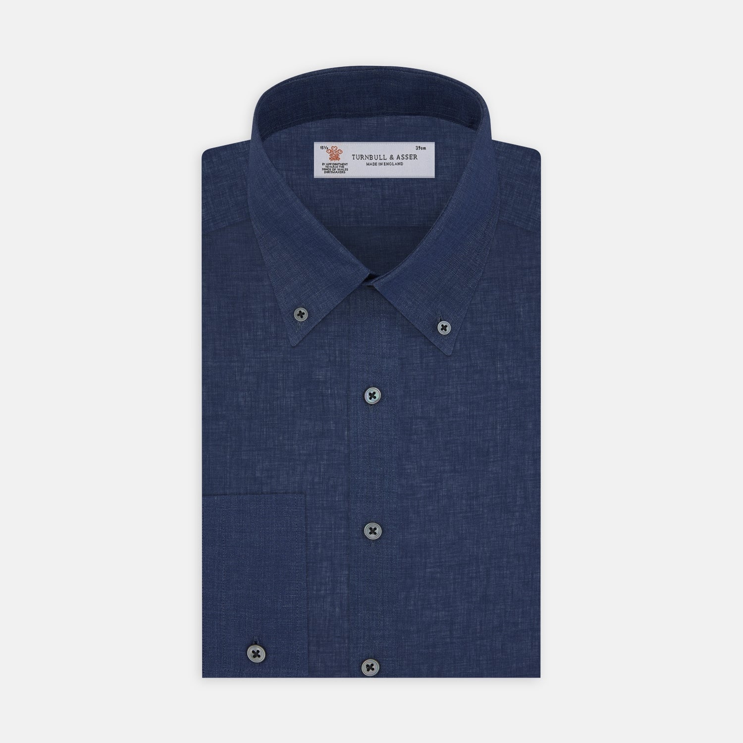 View 1 of product The Turnbull & Asser Weekend Fit Navy Linen Shirt features a Dorset collar, long sleeves with 1-button cuffs, and a button-up front, neatly folded and displayed against a plain white background.