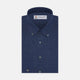 The Turnbull & Asser Weekend Fit Navy Linen Shirt features a Dorset collar, long sleeves with 1-button cuffs, and a button-up front, neatly folded and displayed against a plain white background.