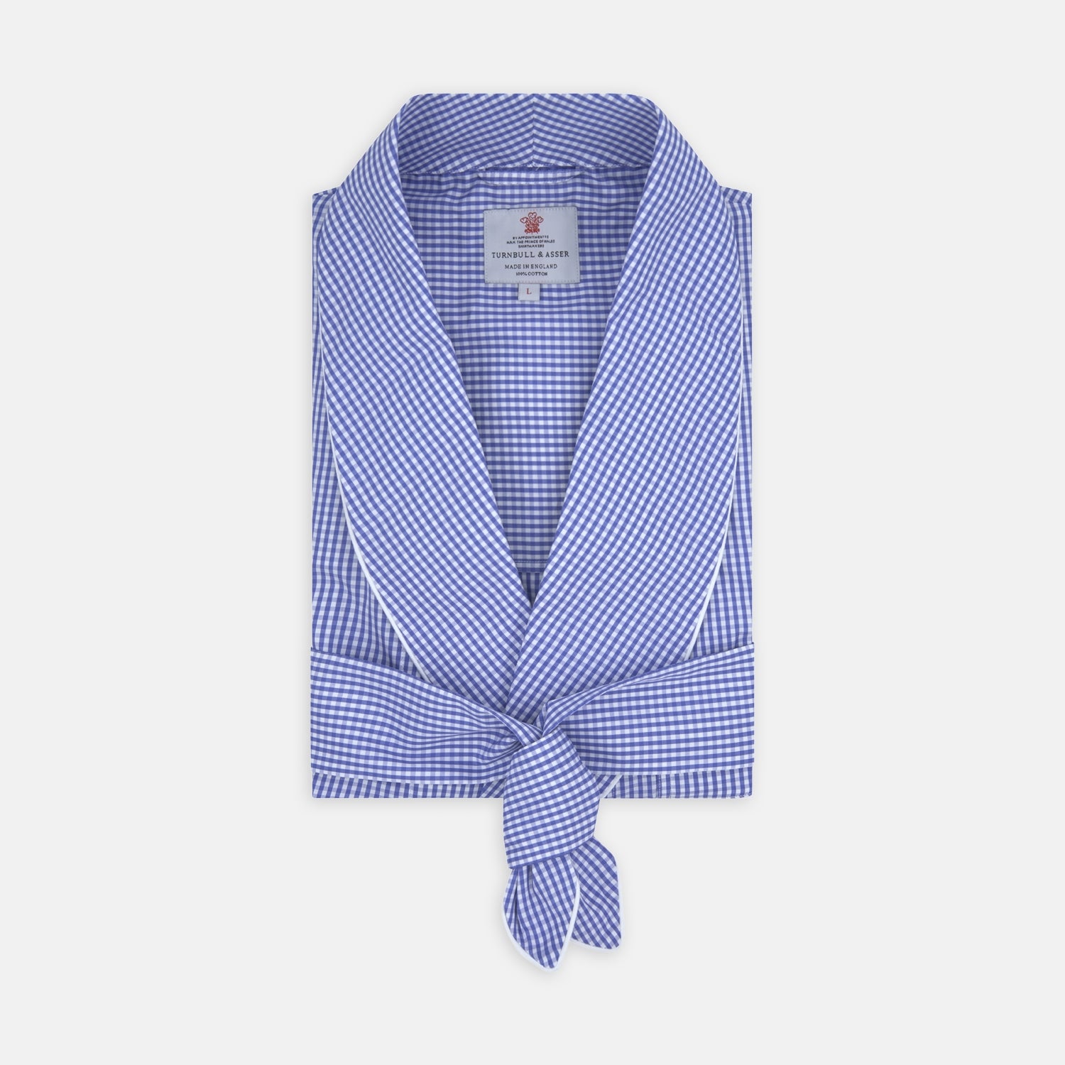View 1 of product The Turnbull & Asser Mid Blue Gingham Check Piped Cotton Gown, featuring a shawl collar and tied belt, is elegantly displayed against a white background.